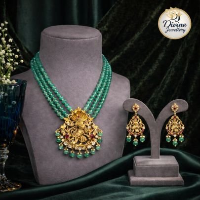 Lakshmi Temple Pendant Necklace Set with Green Beads & Earrings – 92.5 Silver Gold Plated South Indian Jewellery