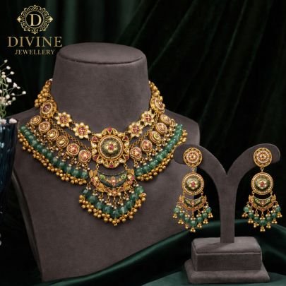 Layered Antique Kundan Necklace Set with Green Beads & Meenakari Detailing | 92.5 Silver Gold Plated Bridal Jewellery by Divine Jewellery
