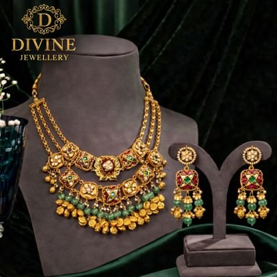 Layered Antique Necklace Set with Meenakari Panels & Green Bead Drops | 92.5 Silver Gold Plated Jewellery by Divine Jewellery