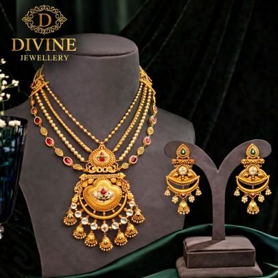 Layered Antique Necklace Set with Temple Pendant & Ruby Stones | 92.5 Silver Gold Plated Jewellery by Divine Jewellery