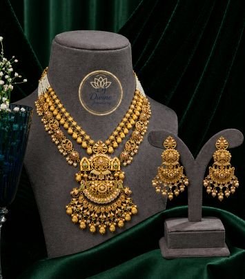 Layered Bridal Temple Haram Necklace Set with Grand Pendant & Pearl Drops – 92.5 Silver Gold Plated