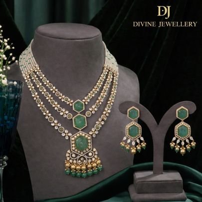 Layered Kundan Necklace Set with Hexagon Green Stones & Pearl Drops | 92.5 Silver Gold Plated Designer Jewellery by Divine Jewellery
