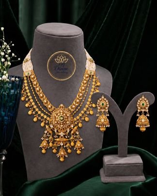 Layered Kundan Pendant Necklace Set with Gold Drops & Jhumka Earrings – 92.5 Silver Gold Plated Bridal Jewellery