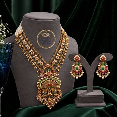 Layered Long Necklace Set with Temple Pendant & Pearl Drops – 92.5 Silver Gold Plated Bridal Jewellery