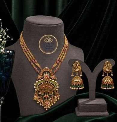 Layered Long Necklace Set with Temple Pendant & Peacock Jhumka Earrings – 92.5 Silver Gold Plated Jewellery