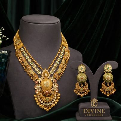 Layered Rajwadi Kundan Necklace Set with Meenakari Detailing & Statement Pendant | 92.5 Silver Gold Plated Bridal Jewellery by Divine Jewellery
