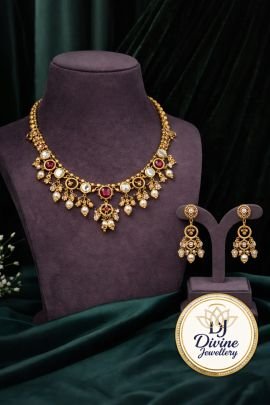 Lightweight Kundan Necklace Set with Ruby Accents & Pearl Drops – 92.5 Silver Gold Plated