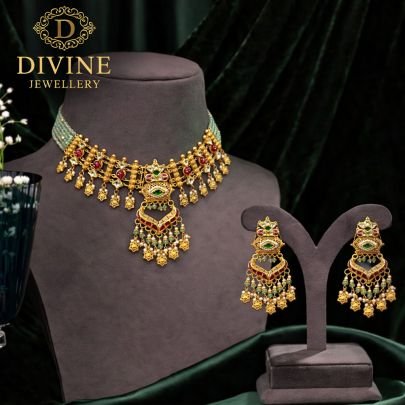 Lightweight Temple Choker Necklace Set with Multi Hanging Charms & Green Stone Accents | 92.5 Silver Gold Plated Jewellery by Divine Jewellery
