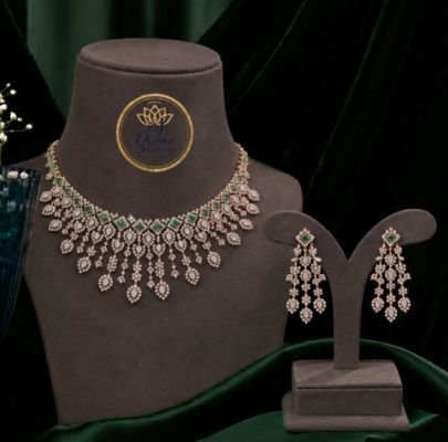 Luxury CZ Necklace Set for Women with Green Stone Accents & Matching Dangle Earrings | Bridal Wedding Party Wear Jewelry Set
