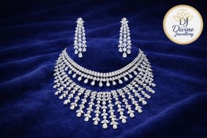 Luxury Diamond Bridal Necklace Set with Long Drop Earrings in 92.5 Silver | Divine Jewellery