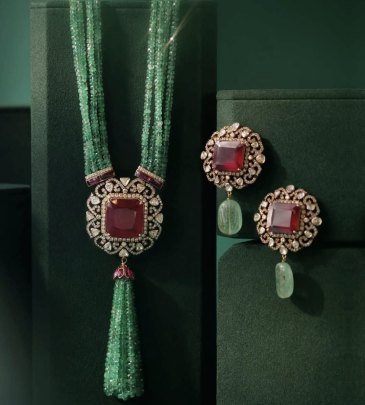 Luxury Emerald Beaded Necklace Set with Statement Pendant – 92.5 Silver Gold Plated Designer Jewellery | Divine Jewellery