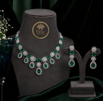 Luxury Emerald Green Diamond Style Necklace Set with Matching Earrings | Gold Plated 92.5 Silver Jewellery