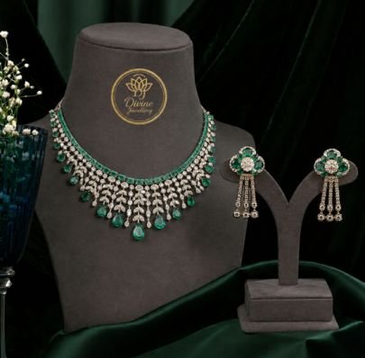 Luxury Emerald Green Stone Bridal Necklace Set with Matching Earrings | Gold Plated 92.5 Silver Jewellery