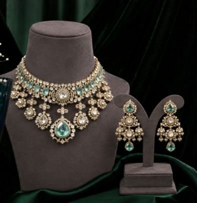 Luxury Emerald Green Stone Bridal Choker Necklace Set with Crystal Embellishments & Matching Earrings