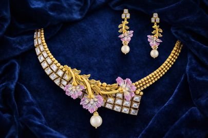 Luxury Floral Designer Necklace Set with Pink Enamel & Pearl Drops – 92.5 Silver Gold Plated Jewellery
