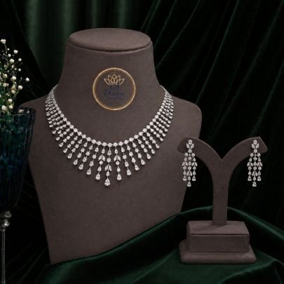 Luxury Fringe Teardrop Necklace Set with Earrings in 92.5 Silver Gold Plated | Bridal Statement Jewellery – Divine Jewellery