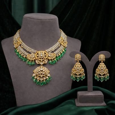 Luxury Green Polki Style Choker Necklace Set with Pearl Layers & Kundan Pendant – 92.5 Silver Gold Plated Bridal Jewellery | Divine Jewellery