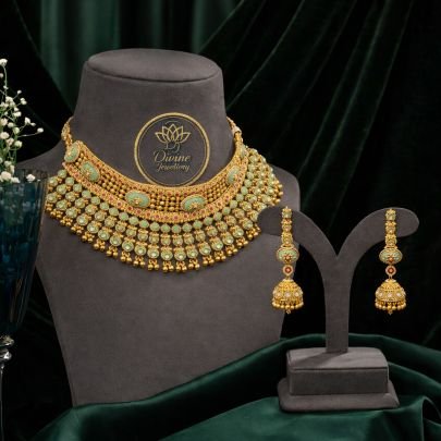 Luxury Kundan Choker Necklace Set with Mint Green Stones & Pearl Drops – 92.5 Silver Gold Plated Jewellery
