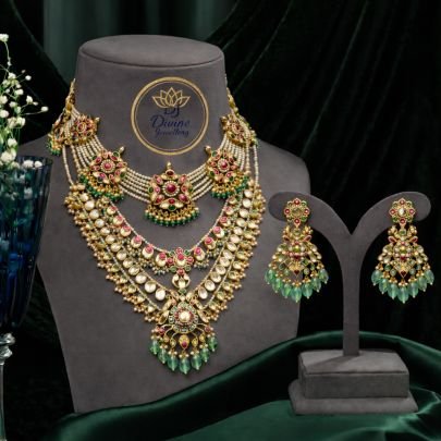 Luxury Multi-Layer Kundan Bridal Necklace Set with Green Drops & Pearl Choker – 92.5 Silver Gold Plated Jewellery