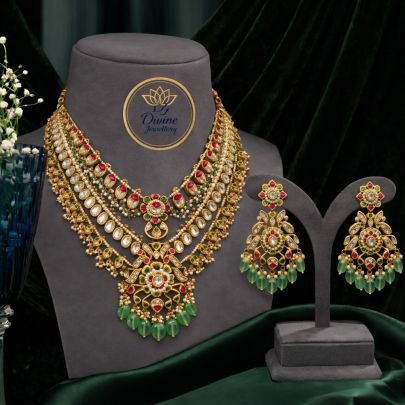 Luxury Multi-Layer Kundan Necklace Set with Green Drops & Jhumka Earrings – 92.5 Silver Gold Plated Bridal Jewellery