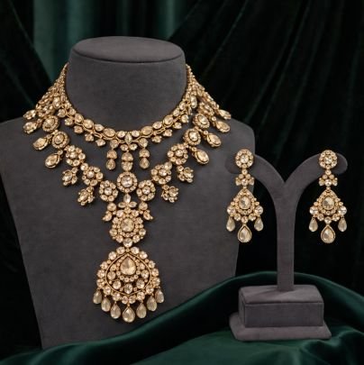 Luxury Polki Bridal Necklace Set with Statement Pendant & Champagne Stones | 92.5 Silver Gold Plated Jewellery by Divine Jewellery