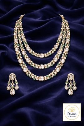 Luxury Polki Diamond Layered Necklace Set with Emerald Accents & Earrings | 92.5 Silver Gold Plated | Divine Jewellery