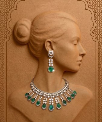 Luxury Polki Style Emerald Drop Necklace Set with Earrings – 92.5 Silver White Gold Plated Bridal Jewellery | Divine Jewellery