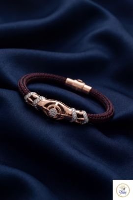 Luxury Rose Gold Designer Braided Bracelet with Diamond Accent Center in 92.5 Silver | Divine Jewellery