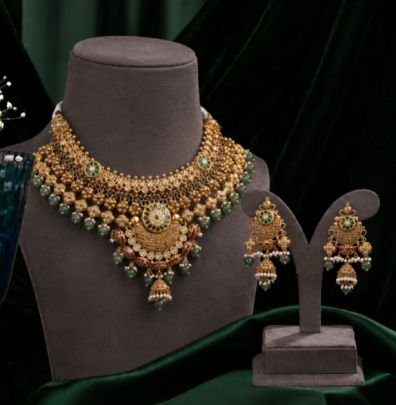 Luxury Traditional Gold Necklace Set with Green Stones & Matching Earrings