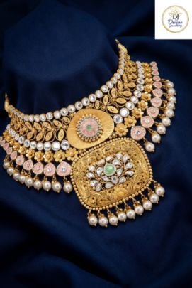 Maharani Floral Kundan Pearl Choker Necklace in 92.5 Silver with Gold Plating & Pastel Meenakari Accents