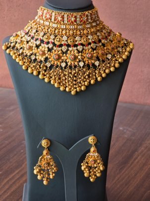 Maharani Temple Choker Bridal 92.5 Silver Gold-Plated Necklace Set with Kundan Stones & Jhumka Earrings