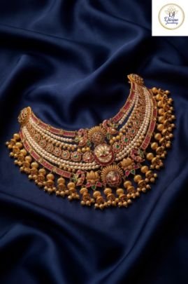 Maharani Temple Kundan Choker with Ruby Accents, Pearl Layers & Heavy Jhumka Danglers in 92.5 Silver with Antique Gold Finish