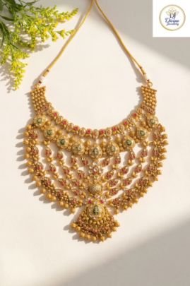 Maharani Temple Multi-Layer Bridal Necklace in 92.5 Silver with Gold Plating & Kundan Meenakari Work