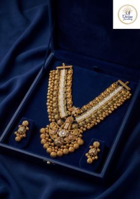 Maharani Temple Style Multi-Layer Bridal Necklace with Pearl Strands & Antique Gold Finish in 92.5 Silver