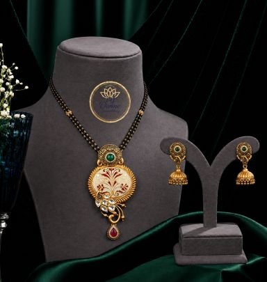 Mangalsutra Style Meenakari Pendant Necklace Set with Jhumka Earrings in 92.5 Silver Gold Plated | Black Beads Traditional Jewellery – Divine Jeweller