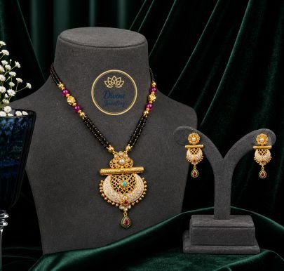 Mangalsutra Style Meenakari Pendant Necklace Set with Earrings in 92.5 Silver Gold Plated | Black Beads & Ruby Accent Jewellery – Divine Jewellery