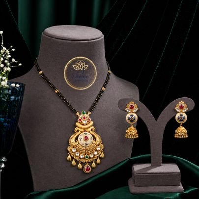 Mangalsutra Style Meenakari Temple Pendant Necklace Set with Jhumka Earrings in 92.5 Silver Gold Plated | Black Beads Jewellery – Divine Jewellery