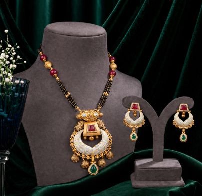 Mangalsutra Style Meenakari Temple Pendant Necklace Set with Earrings in 92.5 Silver Gold Plated | Black Beads & Red Beads Jewellery – Divine Jeweller
