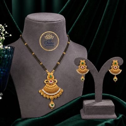 Mangalsutra Style Temple Fan Pendant Necklace Set with Earrings in 92.5 Silver Gold Plated | Black Beads Traditional Jewellery – Divine Jewellery