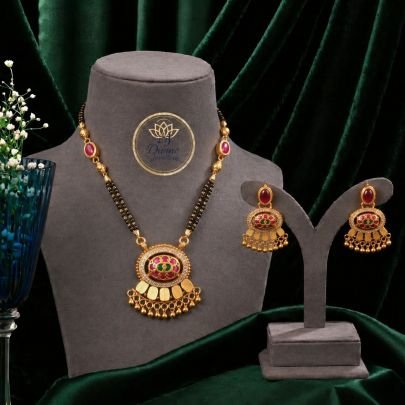 Meenakari Mangalsutra Pendant Necklace Set with Earrings in 92.5 Silver Gold Plated | Black Beads Traditional Jewellery – Divine Jewellery