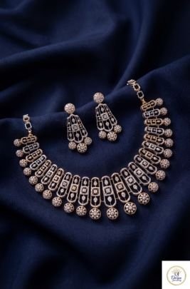 Modern Geometric Diamond Necklace Set with Earrings in 92.5 Silver Gold Plated | Divine Jewellery