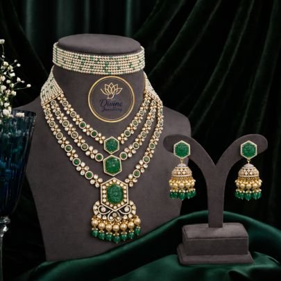 Multi-Layer Emerald Stone Bridal Necklace Set with Choker – 92.5 Silver Gold Plated Premium Jewellery