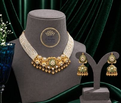 Multi-Layer Pearl Choker Necklace Set with Kundan Pendant & Jhumka Earrings – 92.5 Silver Gold Plated