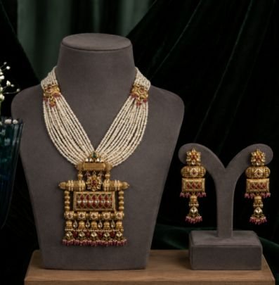 Multi-Layer Pearl Necklace Set with Antique Gold Pendant & Designer Earrings | Traditional Bridal Jewelry