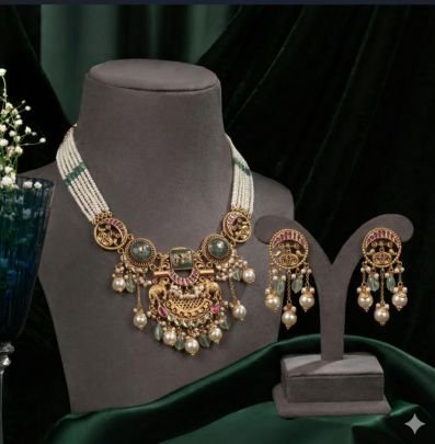 Multi-Strand Pearl Temple Necklace Set with Antique Pendant – 92.5 Silver Gold Plated Jewellery | Divine Jewellery