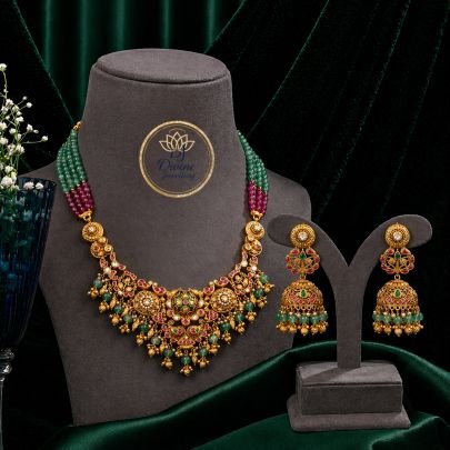 Multicolor Beaded Temple Necklace Set with Green & Pink Stones – 92.5 Silver Gold Plated