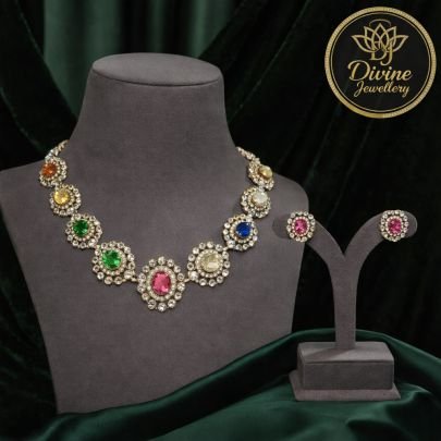 Multicolor Stone Necklace Set with Crystal Halo Design – 92.5 Silver Gold Plated Party Jewellery