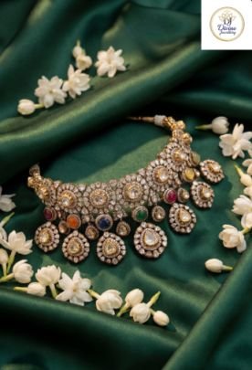 Navratna Polki Bridal Choker Necklace in 92.5 Silver Gold Plated – Divine Jewellery