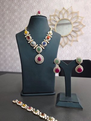 Navratna Polki Necklace Set with Earrings in 92.5 Silver Gold Plated – Divine Jewellery