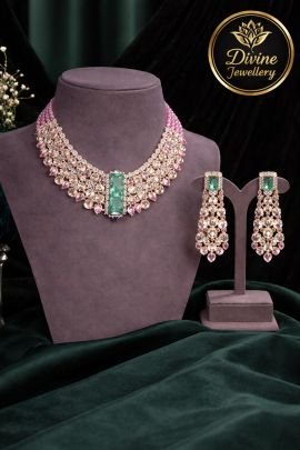 Pastel Crystal Necklace Set with Emerald Center Stone – 92.5 Silver Gold Plated Party & Bridal Jewellery